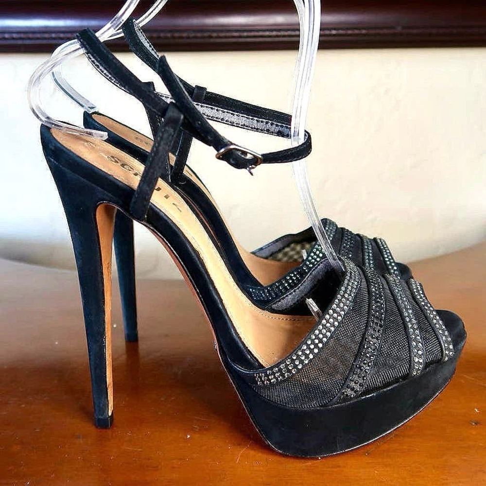 Schutz Sandals Black Flared Heels Ankle Embellished Size 8‎